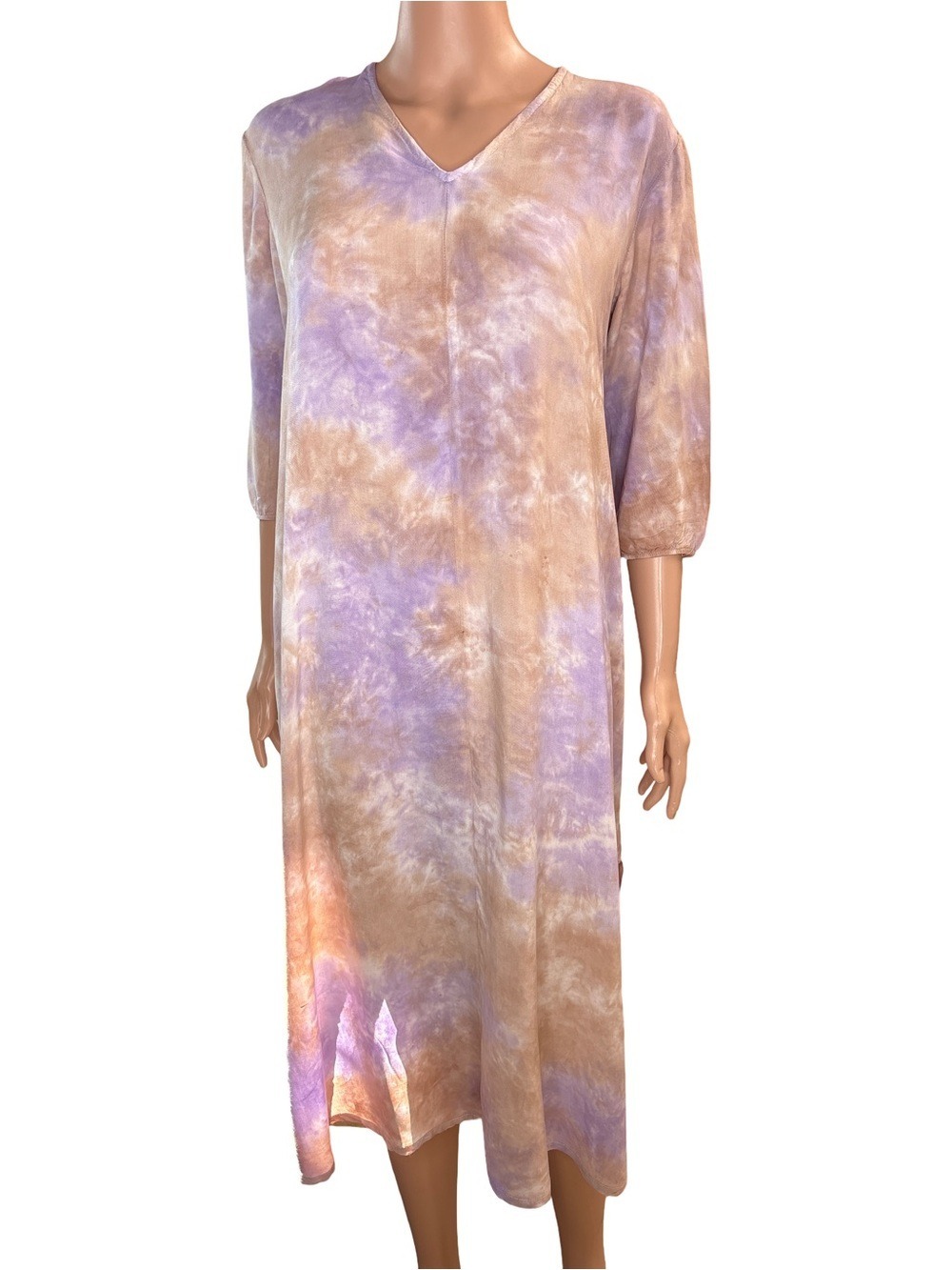 Lavender Tan Tie-Dye Midi Dress V-Neck 48”, Rayon Small